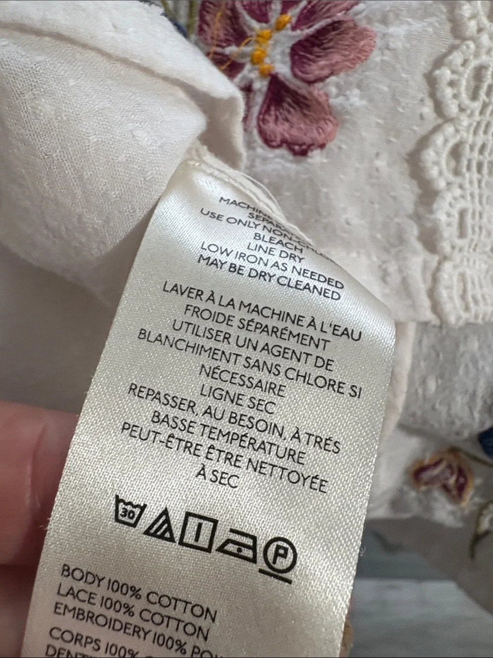 Anthropologie White Peasant Blouse with Pink and Navy Floral Embroidery